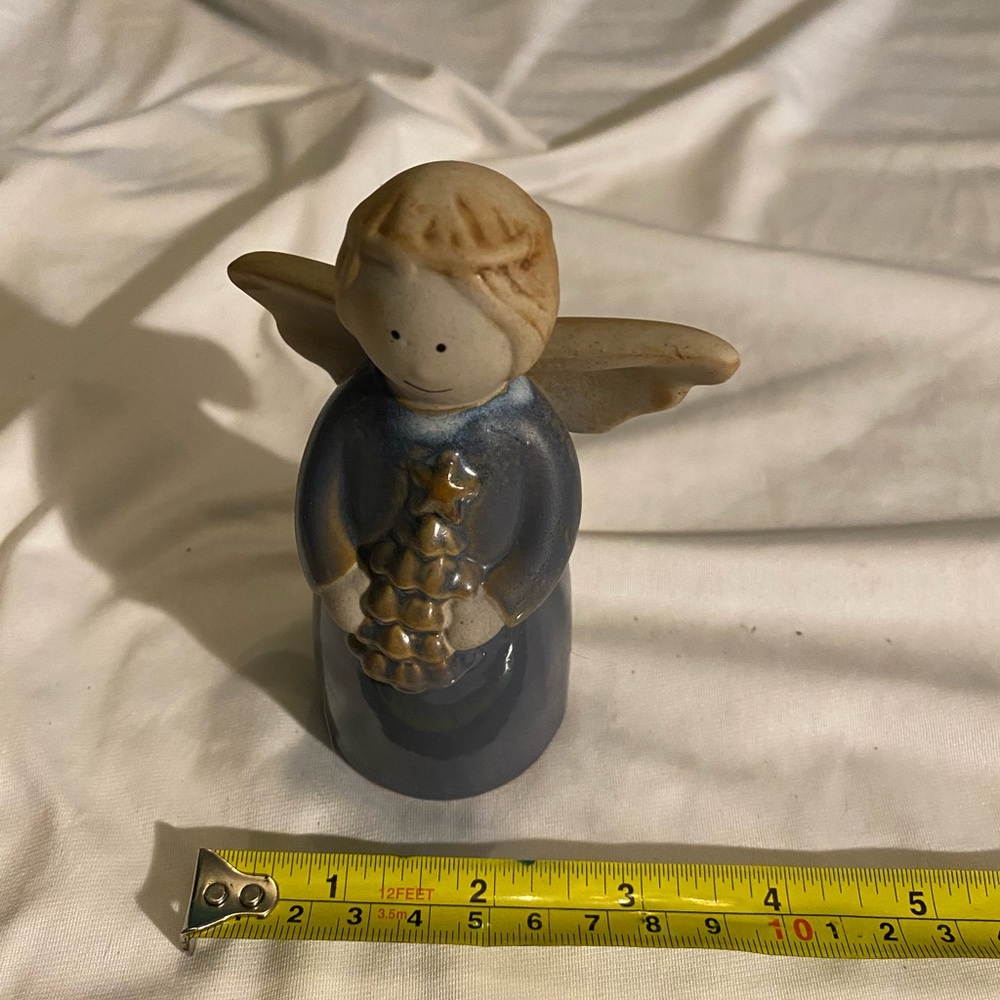 Angel Blue Glaze Pottery Angel 4 3/4 inches tall holding Christmas Tree